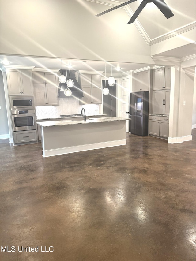 kitchen with gray cabinets, decorative light fixtures, stainless steel appliances, and ceiling fan