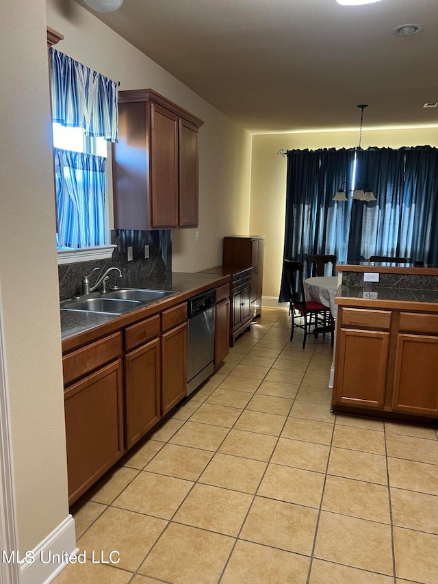 kitchen with decorative backsplash, hanging light fixtures, dishwasher, light tile patterned flooring, and sink