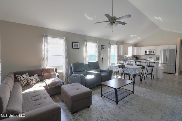 living area featuring high vaulted ceiling, a ceiling fan, and wood finished floors