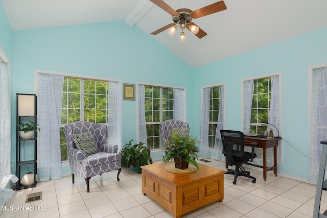 home office featuring beamed ceiling, a wealth of natural light, and visible vents