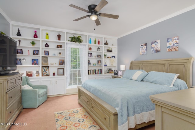 bedroom with ornamental molding, a ceiling fan, and light carpet