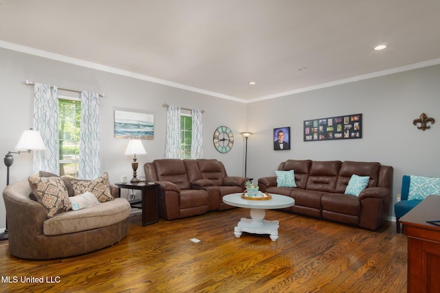 living area featuring dark wood finished floors, crown molding, and recessed lighting