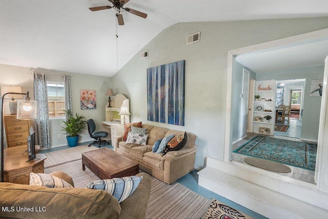 317 Ballentine St, Bay Saint Louis, MS 39520 - living area with vaulted ceiling, visible vents, baseboards, and ceiling fan