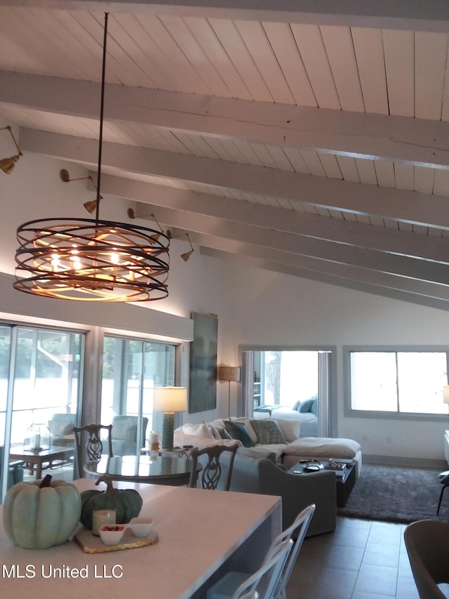 683B Cedar Hill Rd, Flora, MS 39071 - tiled dining room with wooden ceiling and a chandelier