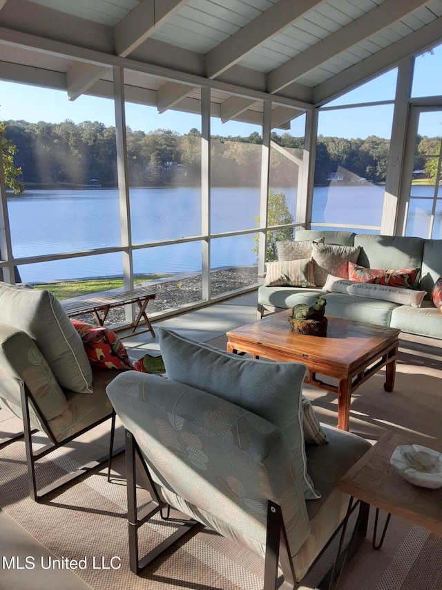 683B Cedar Hill Rd, Flora, MS 39071 - sunroom / solarium with healthy amount of natural light, beam ceiling, and a water view