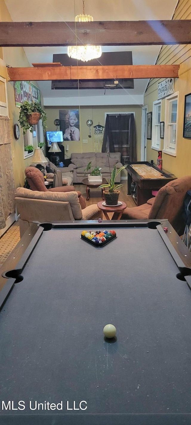 game room with beamed ceiling and billiards