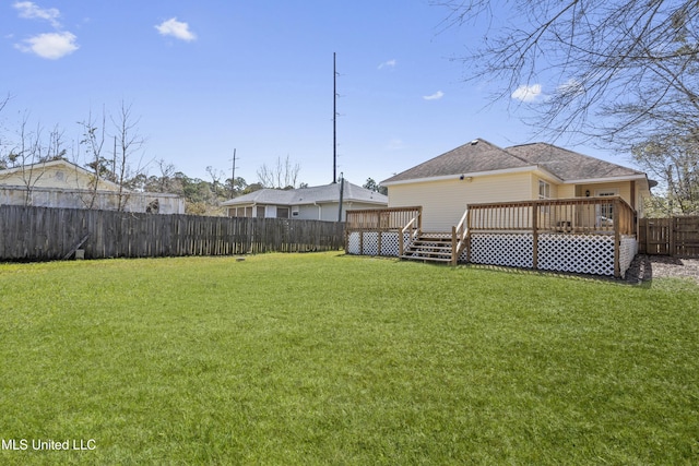 view of yard with a fenced backyard and a wooden deck