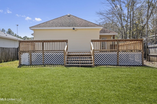 back of house with a deck, a lawn, a shingled roof, and a fenced backyard