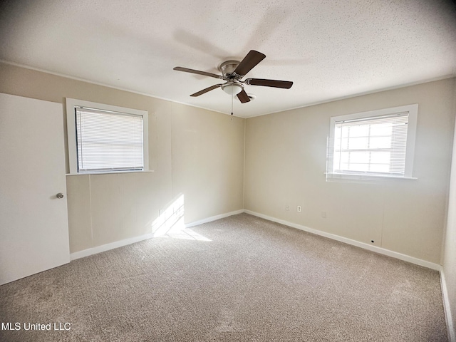 empty room featuring ceiling fan, carpet, and a textured ceiling