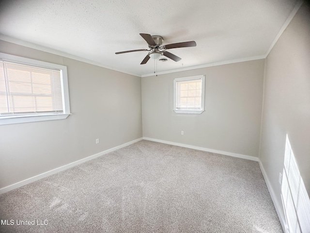 carpeted spare room featuring ornamental molding and ceiling fan