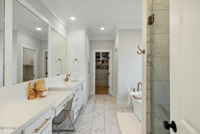 bathroom with vanity, separate shower and tub, and ornamental molding