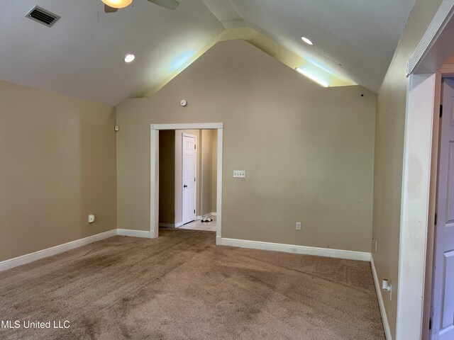 8004 Martin Bluff Rd, Gautier, MS 39553 - spare room featuring carpet flooring, lofted ceiling, a ceiling fan, and recessed lighting