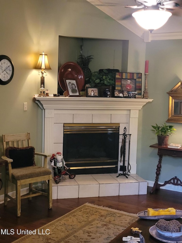8475 Windersgate Dr, Olive Branch, MS 38654 - living room featuring a fireplace, wood finished floors, and ceiling fan
