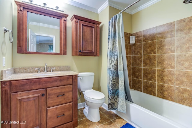 full bathroom with shower / tub combo, toilet, vanity, crown molding, and tile patterned floors