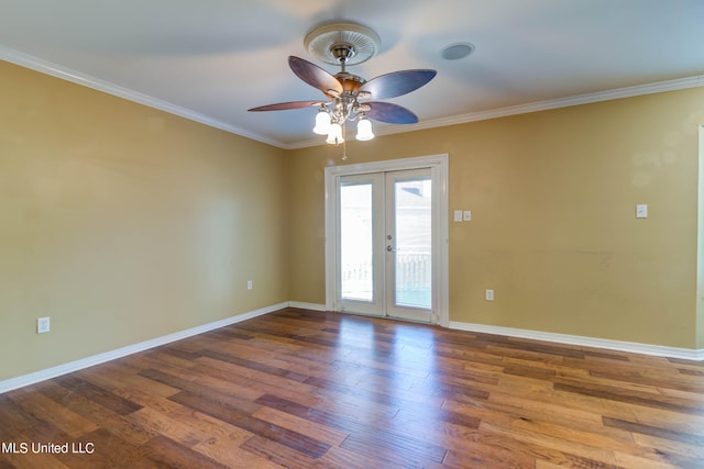 empty room featuring french doors, ceiling fan, wood-type flooring, and ornamental molding