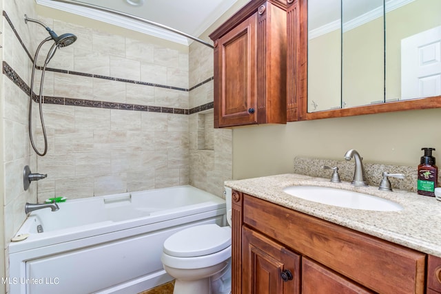 full bathroom with vanity, crown molding, tiled shower / bath combo, and toilet