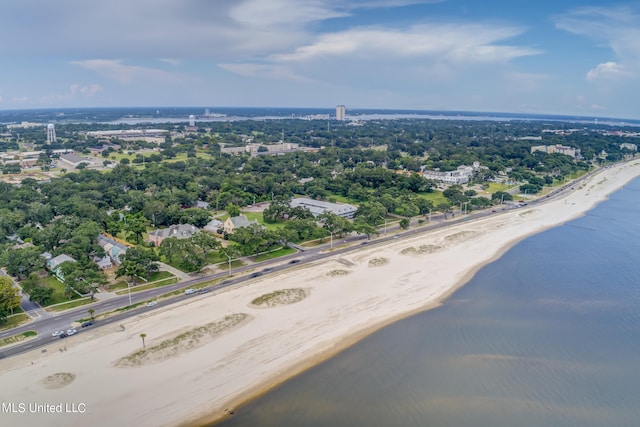 aerial view featuring a water view and a beach view