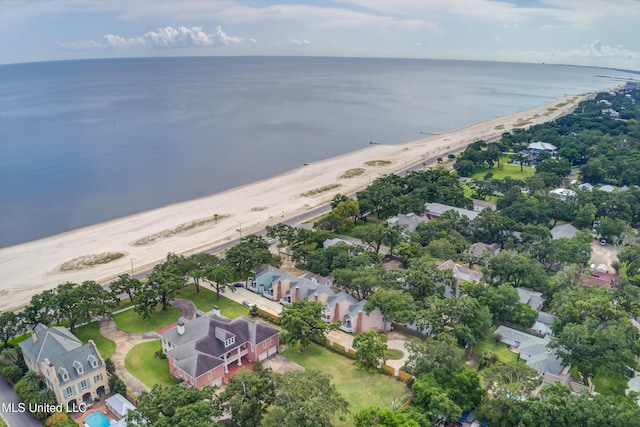 aerial view with a view of the beach and a water view