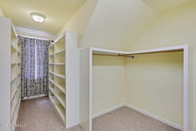 spacious closet featuring lofted ceiling and carpet