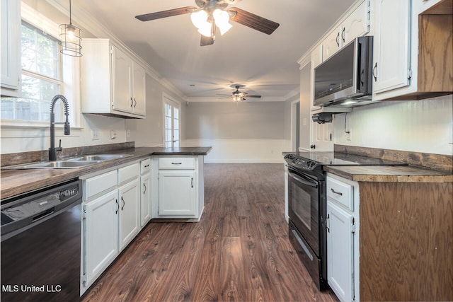 kitchen featuring black appliances, white cabinets, decorative light fixtures, dark hardwood / wood-style flooring, and kitchen peninsula