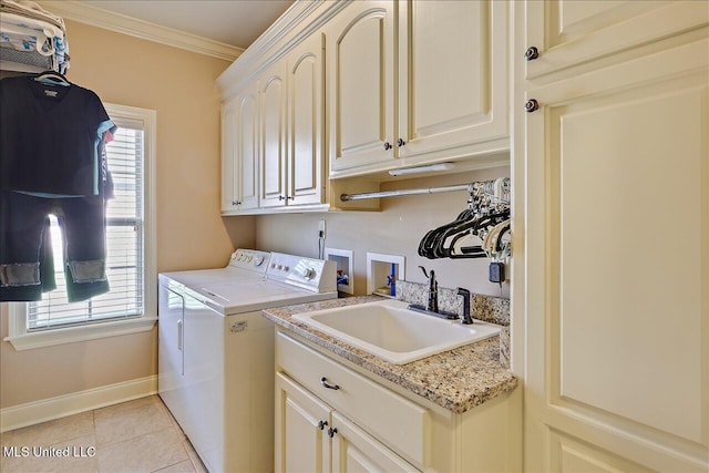 510 Belle Oak Pl, Brandon, MS 39042 - washroom featuring washing machine and dryer, cabinet space, baseboards, ornamental molding, and healthy amount of natural light