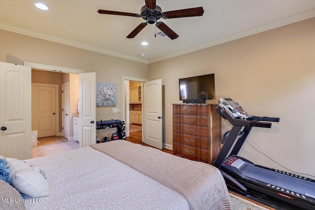 510 Belle Oak Pl, Brandon, MS 39042 - bedroom featuring crown molding, baseboards, recessed lighting, and a ceiling fan
