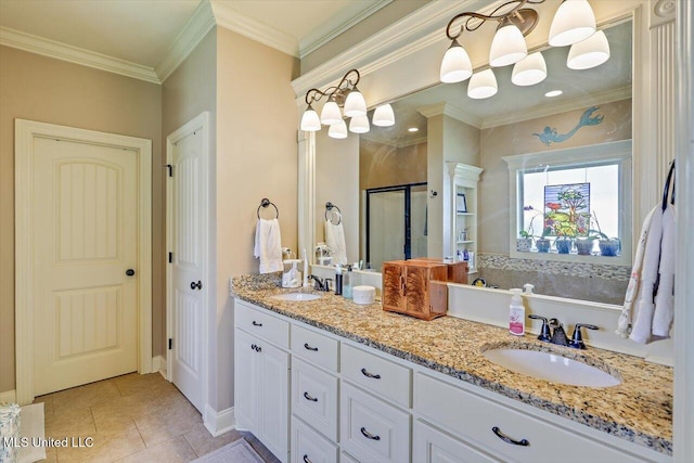 510 Belle Oak Pl, Brandon, MS 39042 - bathroom with a shower stall, double vanity, ornamental molding, tile patterned floors, and baseboards