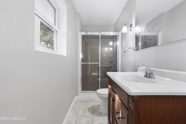 full bath with toilet, vanity, baseboards, tile patterned floors, and a stall shower