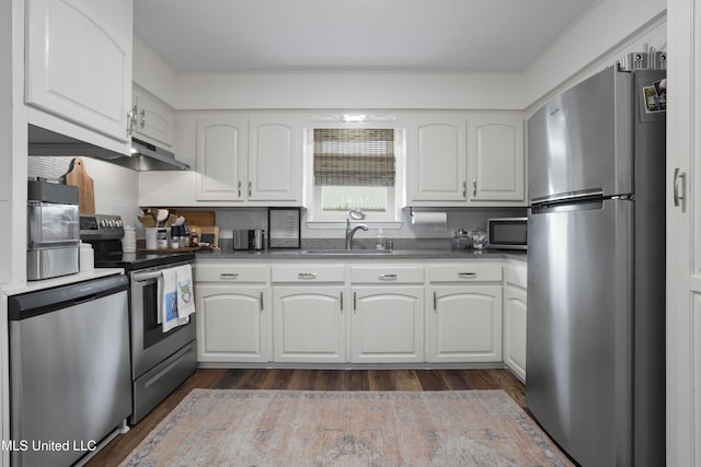kitchen with a sink, stainless steel appliances, white cabinetry, and under cabinet range hood