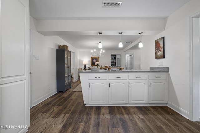 kitchen with visible vents, baseboards, white cabinets, a peninsula, and dark wood-style floors