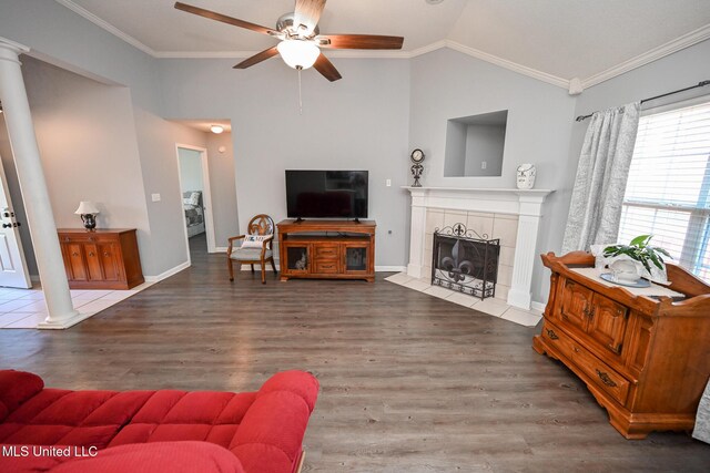 6126 Rolling Oaks Cv, Olive Branch, MS 38654 - living room with ornate columns, a ceiling fan, lofted ceiling, and wood finished floors
