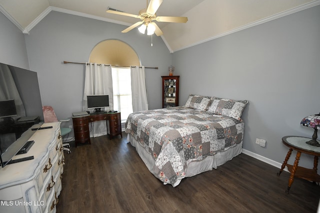 bedroom with ornamental molding, dark hardwood / wood-style floors, vaulted ceiling, and ceiling fan