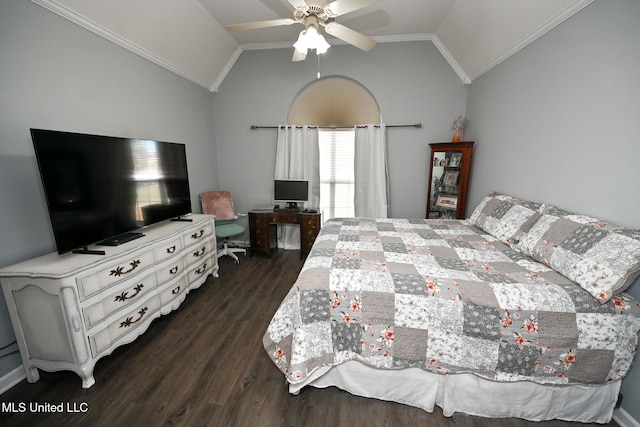 bedroom with lofted ceiling, ceiling fan, ornamental molding, and dark hardwood / wood-style flooring