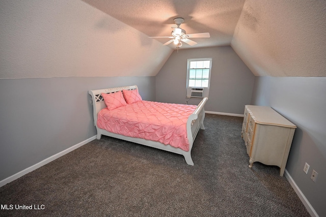 6126 Rolling Oaks Cv, Olive Branch, MS 38654 - bedroom with lofted ceiling, dark carpet, baseboards, a textured ceiling, and a ceiling fan