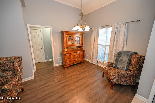 sitting room featuring ornamental molding, a notable chandelier, lofted ceiling, and dark hardwood / wood-style flooring