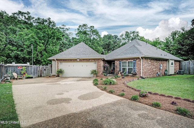 512 Sweetwater, Brandon, MS 39047 - ranch-style house featuring driveway, cooling unit, a front yard, an attached garage, and fence