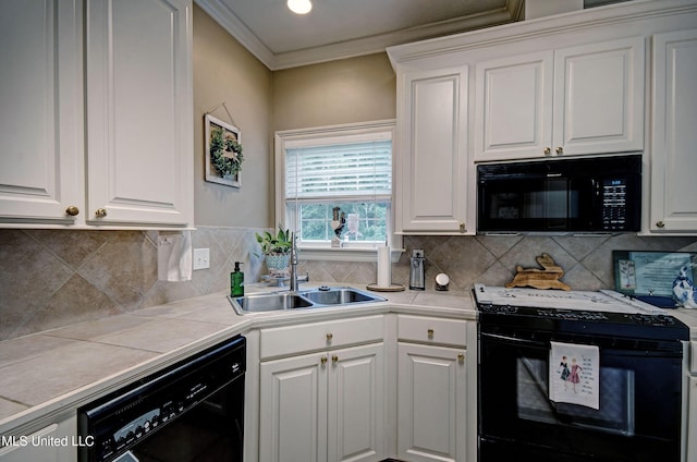 512 Sweetwater, Brandon, MS 39047 - kitchen featuring a sink, crown molding, black appliances, white cabinetry, and tile countertops