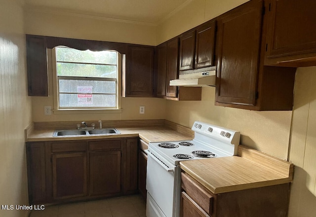 kitchen with light tile patterned flooring, sink, custom range hood, white range with electric cooktop, and dark brown cabinets