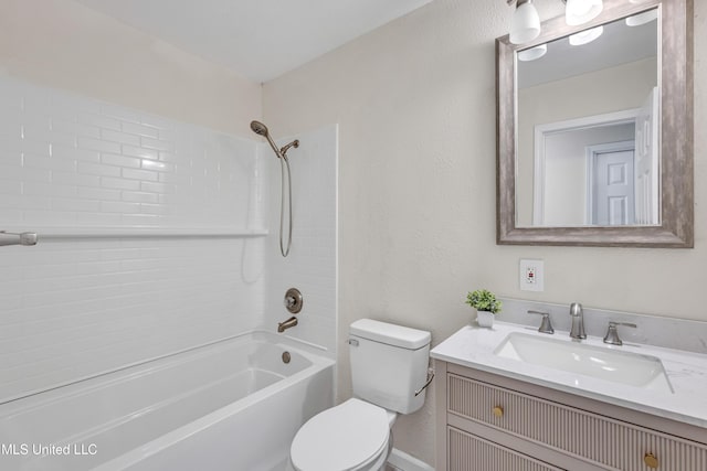 full bathroom with toilet, tiled shower / bath combo, and vanity