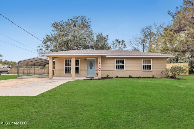 ranch-style house featuring a front lawn, a porch, and a carport