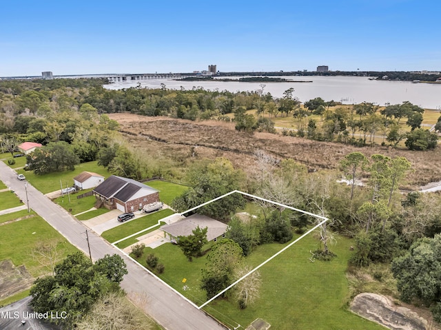 aerial view featuring a water view