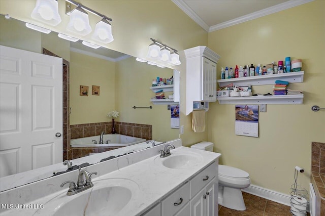 bathroom with a garden tub, ornamental molding, a sink, and toilet