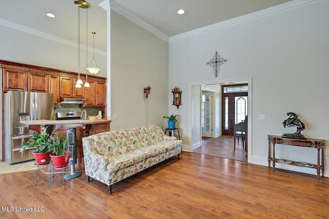 living area with light wood finished floors, a towering ceiling, and crown molding