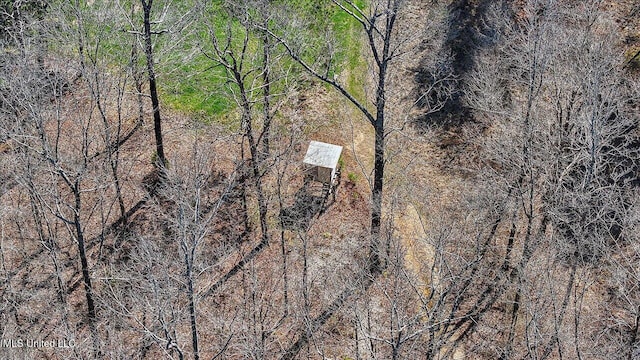 drone / aerial view featuring a wooded view