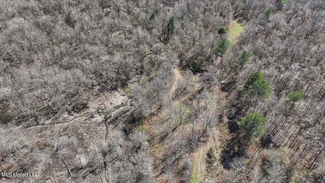 aerial view featuring a wooded view