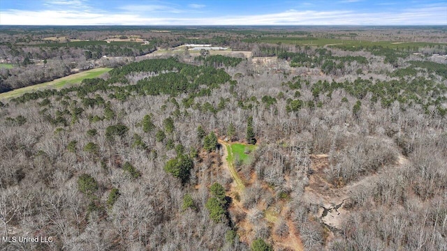 drone / aerial view featuring a forest view