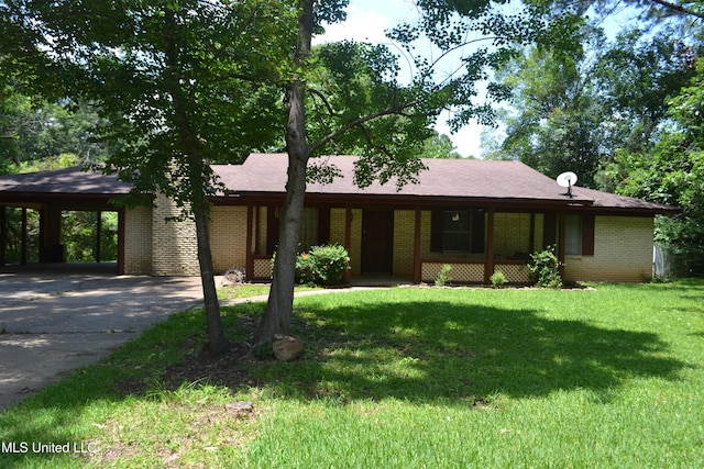236 E Moon St, Ridgeland, MS 39157 - view of front of property featuring brick siding, a front lawn, an attached carport, driveway, and covered porch