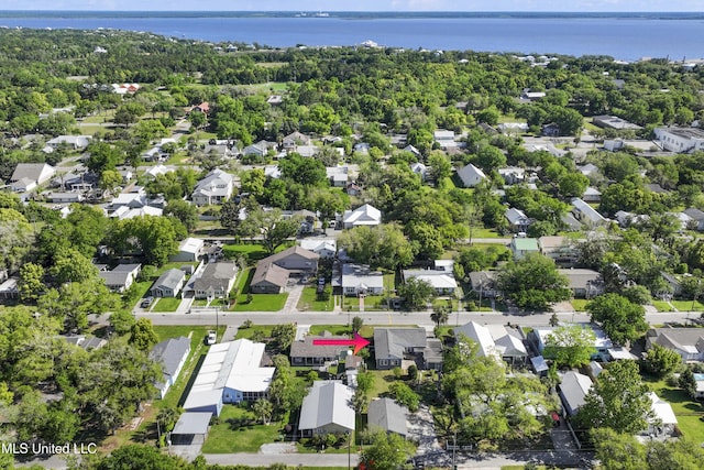 drone / aerial view featuring a water view