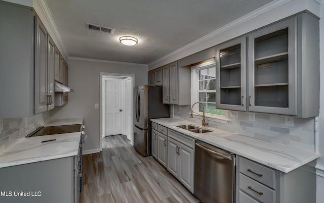 767 Sherwood Dr, Jackson, MS 39216 - kitchen with gray cabinetry, stainless steel appliances, a sink, under cabinet range hood, and ornamental molding