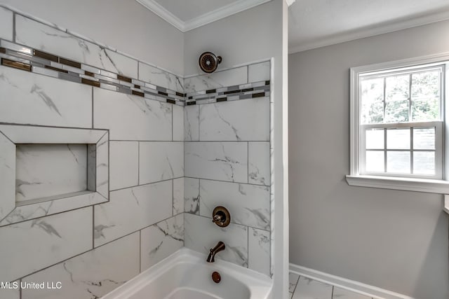 767 Sherwood Dr, Jackson, MS 39216 - bathroom with marble finish floors, crown molding, bathing tub / shower combination, and baseboards